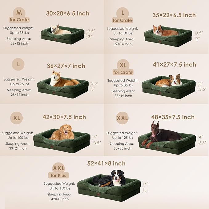 EHEYCIGA Orthopedic XL Dog Bed for Large Sized Dog, 48x35x7.5 Inch Extra Large Memory Foam Dog Couch Bed with Sides, Waterproof Liner & Washable Removable Cover, Bolster Pet Sofa, Dark Green