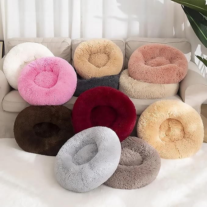 Calming Dog Bed for Small Dogs, Calming Donut Cuddler Pet Bed Anti Anxiety Round Dog Bed Fluffy Plush Faux Fur Cat Bed,Gradient Grey,19.7IN