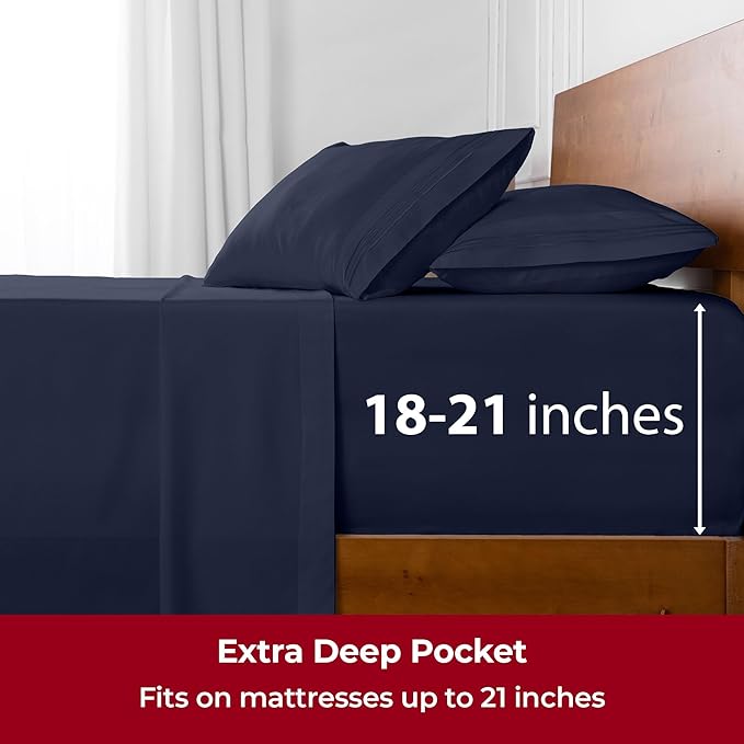 Mellanni Extra Deep Twin XL Sheets - 3 PC Iconic Collection Bedding - Hotel Luxury, Ultra Soft, Cooling Bed Sheets - Wrinkle, Fade, Stain Resistant (Twin Extra Long, Navy Blue)