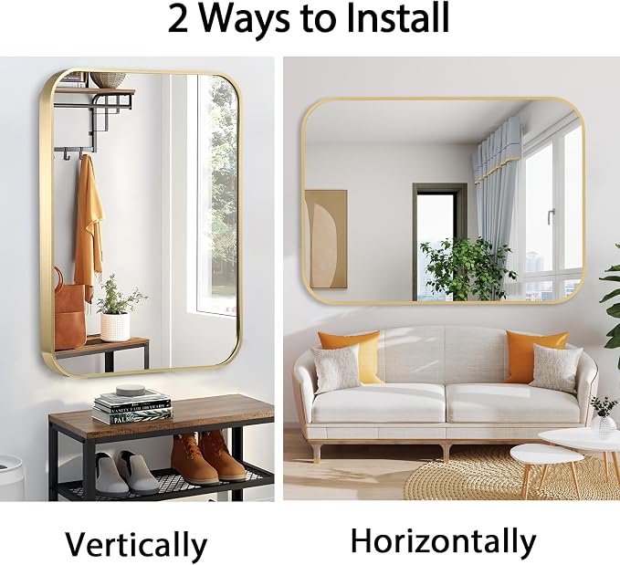 26x38 Inch Gold Bathroom Mirror, Brushed Brass Gold Metal Framed Rectangular