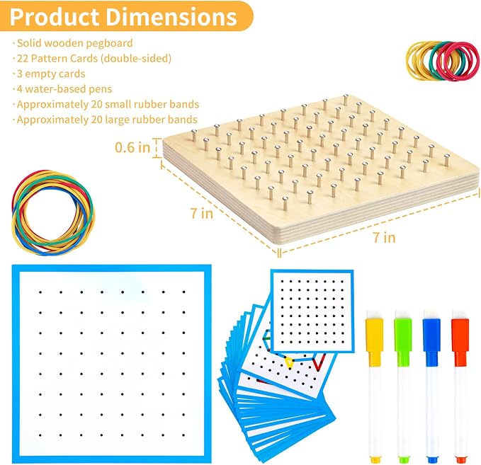 HEELWIRE Wooden Geoboard, Montessori Educational Toy for Kids with Pattern Cards and Rubber Bands to Figures and Shapes, Brain Teaser STEM Geo Board