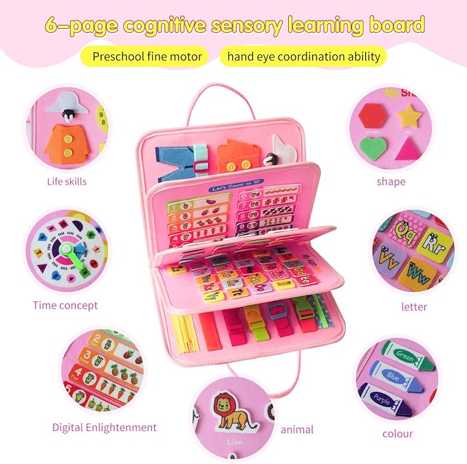 Montessori Toddler Busy Board Toys, Girls Unicorn Learning Sensory Toy, Toddler Travel Toy, Children's Educational Activity Busy Book, Birthday Gift (Pink)