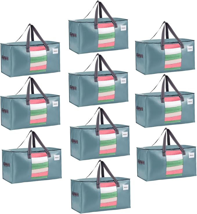 VENO 10 Pack Moving Bags, Christmas Storage Bins, Moving Boxes Alternative, Comforter and Blanket Storage Bags, College Dorm Packing Supplies, Foldable Heavy-Duty Tote (Shiny Light Blue, 10 Pack)