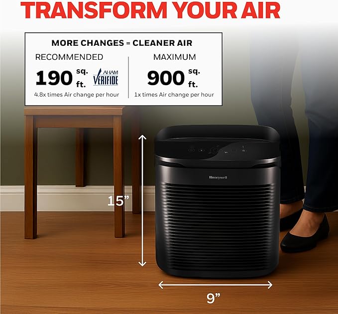 Honeywell PowerPlus HEPA Air Purifier for Home, 968 Ft² Rooms in 1 hour, Reduces Allergens, Dust, Pollen, Smoke, Pet Dander, Odors, Black, HPA3100
