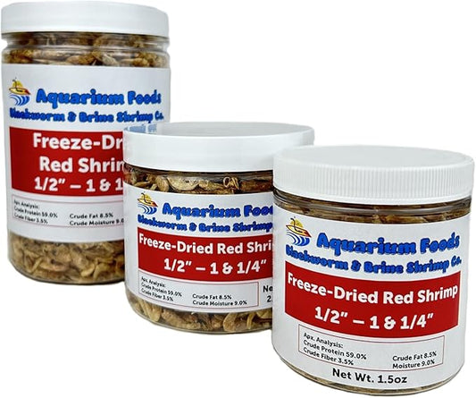 Aquatic Foods Inc. Red River Shrimp - Freeze-Dried 1/2" to 1&1/4" Red River Shrimp for Cichlids, Koi & Pond Fish, Aquatic Turtles, All Community Tropical Fish, Reptiles, Rodents…4.5oz Lg Round Jar