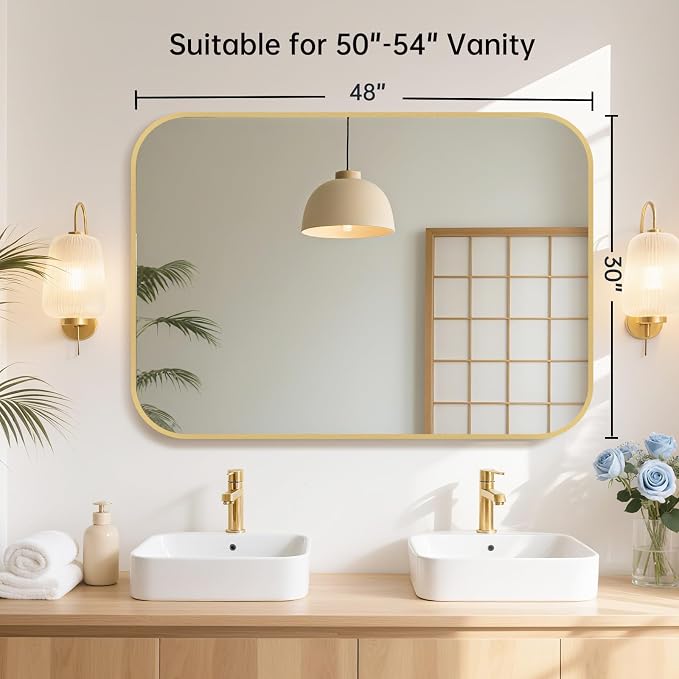48x30 Inch Gold Bathroom Mirror, Brushed Gold Metal Framed Rectangular Mirror