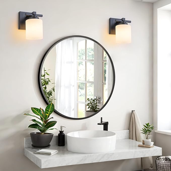 1 Light Modern Bathroom Light Fixtures Over Mirror, Black Vanity Lights for Bathroom Wall Sconces with Milky White Glass Shades, E26 Socket (Bulbs Not Included)
