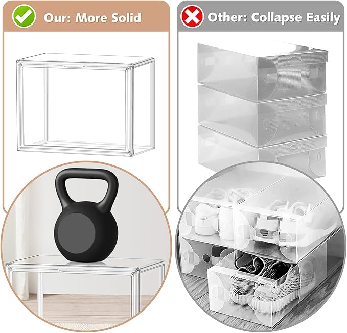 12 Pack Purse Organizer for Closet Size 14 Shoe Storage Box Stackable Acrylic Display Case Handbag Organizer with Magnetic Lid Transparent Storage Container for Sneaker, Boots, Hat, Book, Collectibles