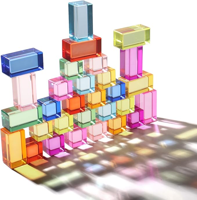 30 Pcs Mixed Acrylic Blocks Set - 10 Long (2.5x2.5x5CM) + 20 Cube (2.5x2.5x2.5CM) Rainbow Gem Blocks, Sensory Stacking Toy for 1 2 3 4 Years Old, Boys Girls Gift with Rich Building Possibilities