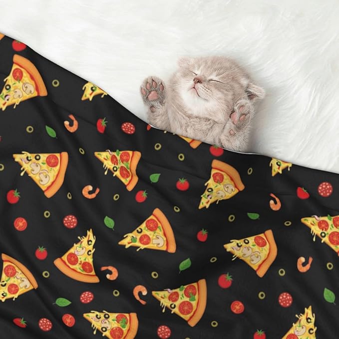 Pet Blanket for Travel and Home, Cartoon Pizza Slices, Reversible Plush Dot Design with Soft Grip Texture on One Side Perfect for Car Seats Moving Vehicles