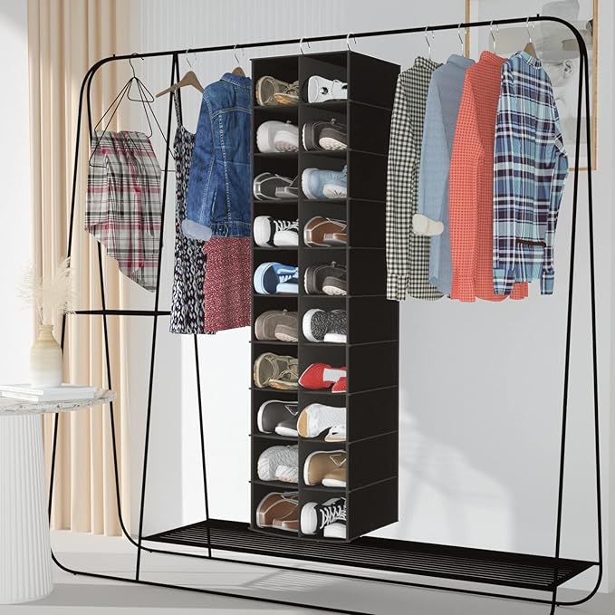 coastal rose Hanging Shoe Organizer for Closet, 20 Sections Hanging Closet Organizers and Storage Shelves, Space Saving Hanging Shoe Rack, Black, 12''W×12''Dx 50''H