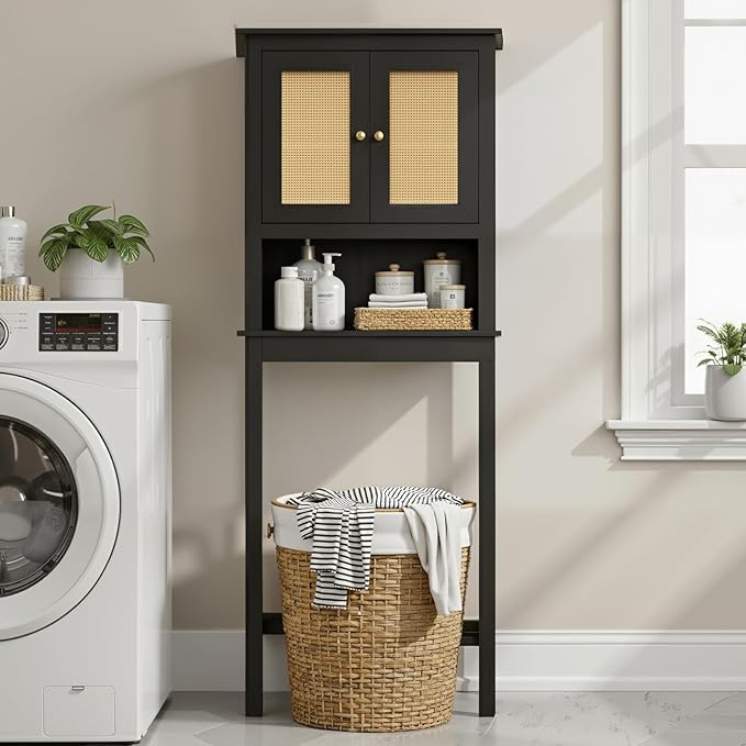 Over The Toilet Storage Cabinet, Behind Toilet Bathroom Organizer with Adjustable Shelves, Above Toilet Organizers with Barn Door, Space Saver for Restroom, Bathroom, Laundry