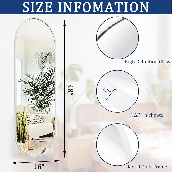 Oval Bathroom Mirror 48 x 16 Inch, Large White Full Length Mirror, Oval Pill