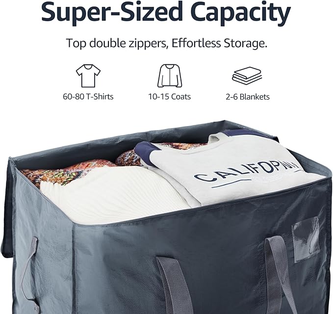 Moving Bags Heavy Duty Extra Large, Moving Boxes, Moving Supplies Essentials,Storage Bins with Lids, Plastic Packing Totes, Storage Bags for Clothes with Handles & Zippers(Grey, 12 Pack)