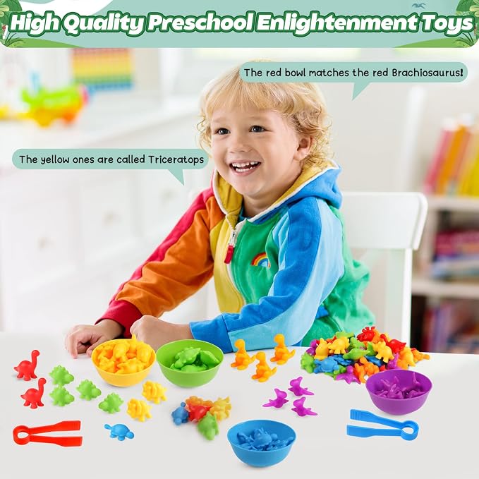 Counting Dinosaur Montessori Toys for Kids 3-5, Color Sorting Sensory Toys | Sensory Bin Toy, Counting Bears, Fine Motor Skills, Preschool Learning Educational Toy for 3 4 5 Year Old, Birthday Gifts