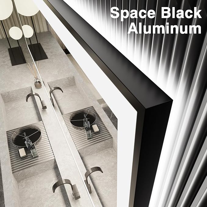 30x36 LED Bathroom Mirror with Lights - Black Framed, Front and Backlit Mirror, Anti-Fog Vanity Mirror with Lights,Stepless Dimmable LED Mirror, 3 Colors Smart(Horizontal/Vertical)