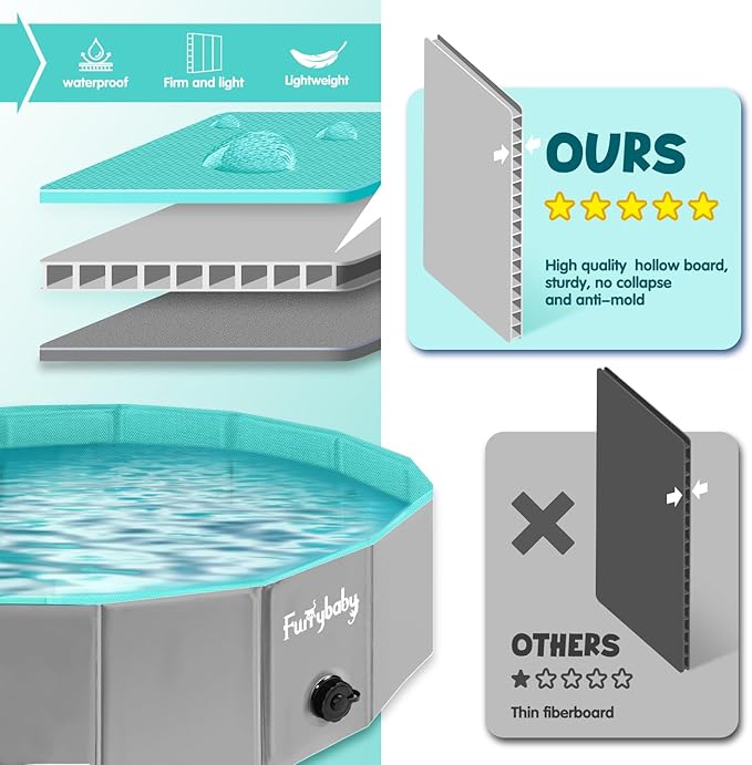 Furrybaby Dog Pool, Kiddie Pool Hard Plastic Foldable Dog Pools for Large Dogs Portable Pet Doggie Wading Swimming (Grey 47'') Indoor and Outdoor