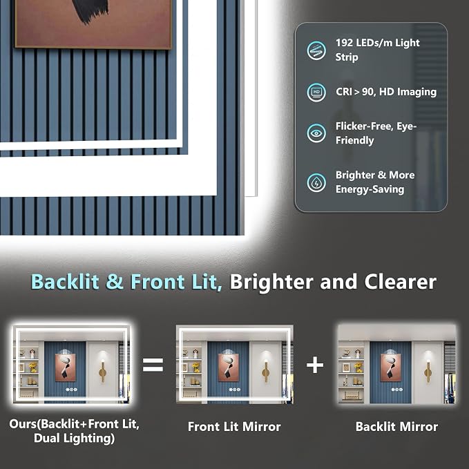 60x36 LED Bathroom Mirror with Lights, Backlit and Front Lit Anti-Fog Lighted
