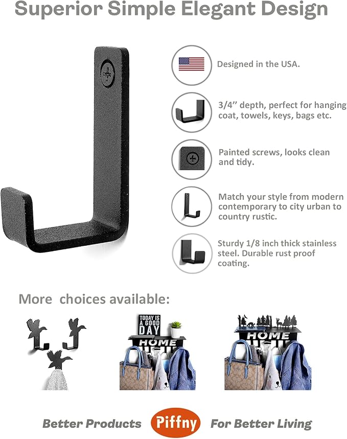 Piffny 6 Pack Heavy Duty Steel Essential Style Wall Hooks