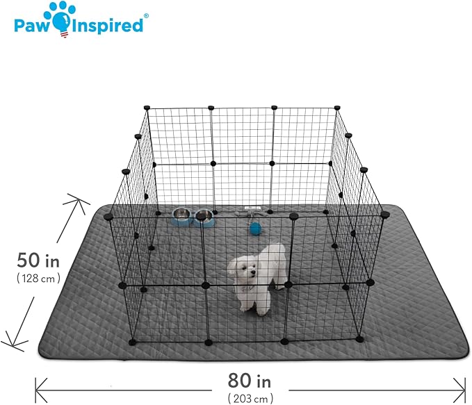 Paw Inspired 80x50 Inch Playpen Mat, Super Absorbent Fleece Cage Liner with Non-Slip Bottom, Waterproof Pet Play Pen Pad for Dogs, Rabbits, Guinea Pigs, Hamsters, Small Animals (Dark Gray)
