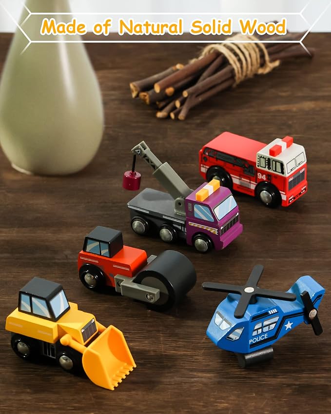 SainSmart Jr. Wooden Train Set Accessories Toy Cars (10 PCS), Compatible with All Major Brands, Gift for Toddlers and Kids Aged 3+