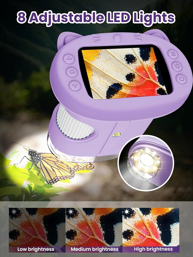 Microscope for Kids, 2.4 Inch Digital Microscope with 1000X Magnification, Handheld Camera Mini Pocket Magnifying Glass, Educational Birthday Gifts Toys for Ages 3+, Purple