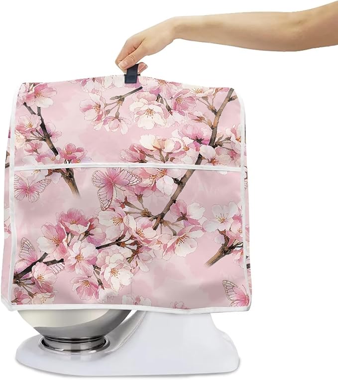 Elegant Cherry Blossom Butterfly Mixer Cover Oil-Resistant Machine Washable Dust Cover for 6-8 Qt Stand Mixers with Handle & Pocket Reusable Kitchen Appliance Protector