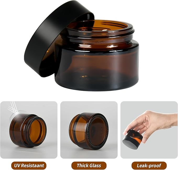 2 oz Reusable Amber Glass Container Jars 24 Pack with Wide-mouth Leak Proof Cap and Inner Pull-On Lid for Travel Storage Makeup, Face Creams, Body Lotions, DIY Crafts or Others