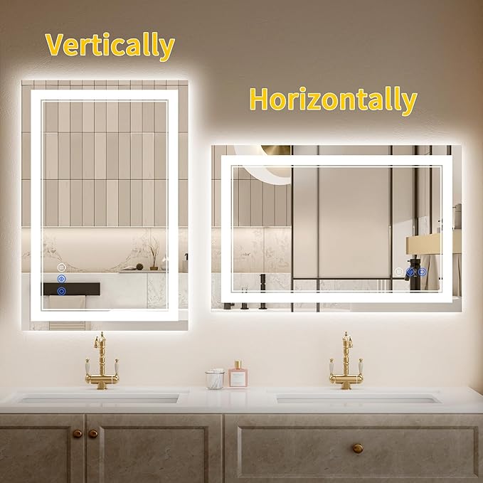 32"x40" LED Bathroom Mirror with Lights, Anti-Fog, Backlit + Front Lit, Dimmable, Led Vanity Mirror for Wall, Lighted Bathroom Mirror, 3 Colors, Shatter-Proof Tempered Glass