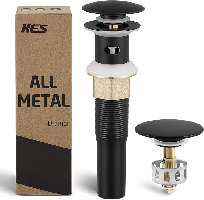 KES All Metal Bathroom Sink Drain with Strainer Basket Hair Catcher Anti Clog Pop Up Drain Stopper for Lavatory Vanity Vessel Sink with Overflow, Rustproof 18/8 Stainless Steel Matte Black S2013A-BK