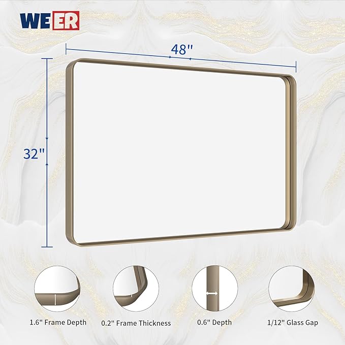 WEER 48x32 Inch Bronze Bathroom Mirror for Vanity, Brushed Bronze Metal Frame Mirror for Wall, Rounded Rectangle Bronze Frame Mirror with Tempered Glass, Anti-Rust (Horizontal/Vertical)