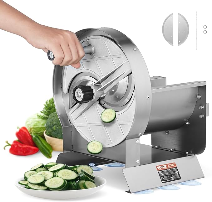 VEVOR Manual Vegetable Fruit Slicer, 0-0.5"/0-12mm Thickness Adjustable Commercial Slicer Machine, Stainless Steel Food Cutter Slicing Machine with 2 Spare Blades, for Potato, Cucumber, Lemon, Tomato