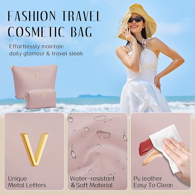 Valentine's Day Gifts for Women Girlfriend Initial Makeup Bag for Teen Girls Personalized Gifts for Friend Teacher Mom Wife Cosmetic Travel Toiletry Bag(Pink,V)