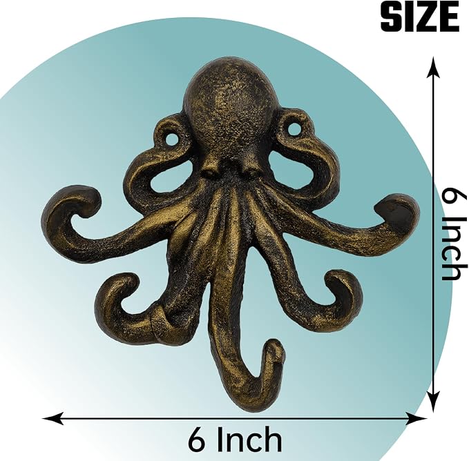 Octopus Cast Iron Wall Hook – Nautical Decorative Key Holder, Coastal Ocean