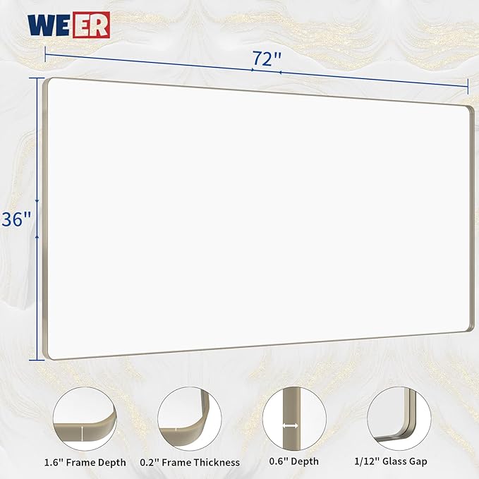 WEER 72X36 Inch Brushed Nickel Bathroom Mirror, Brushed Silver Metal Frame Mirror, Rounded Rectangle Silver Bathroom Vanity Mirror, Tempered Glass, Anti-Rust, Hangs Horizontally or Vertically