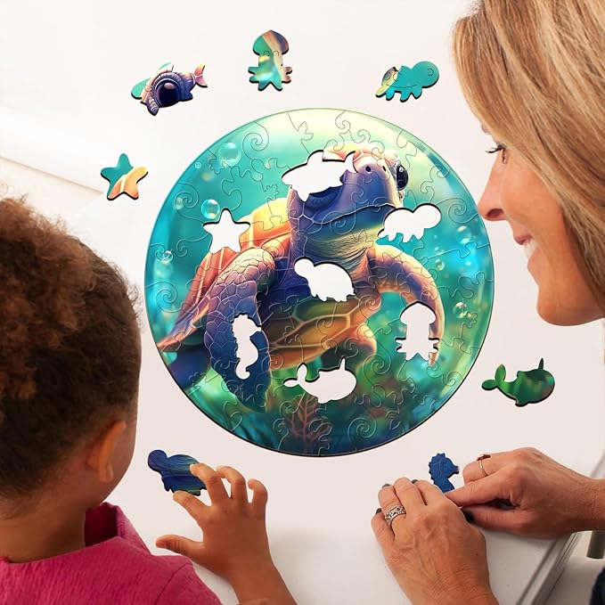 Wooden Puzzles for Kids Ages 4-8, Sea Turtle Puzzle, Unique Animal Shaped Wooden Jigsaw Puzzles for Kid, 50 Pieces Puzzles for Kids(50pcs,11.4 * 11.4in)