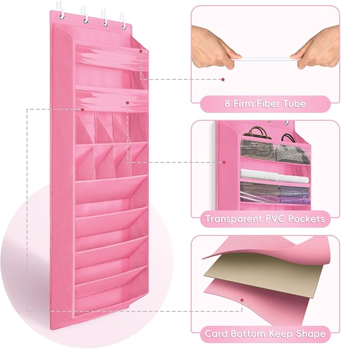 FENTEC 1 Pack 8 Shelves Over The Door Shoe Organizer,68" Exlarge Deep Pockets Hanging Shoe Organizers, Shoe Rack for Closet, Shoe Holder for Boots,Over Door Organizer in Home, RV, Dorm, Pink