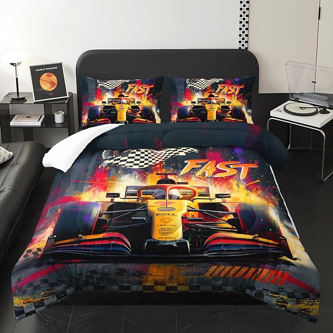 F1 Race Car Comforter Set Full for Boys，Boys Full Size Bedding Set Race Car，with 1 Comforter with 2 Pillow Case，F1 Race Car Themed Bedroom Decor