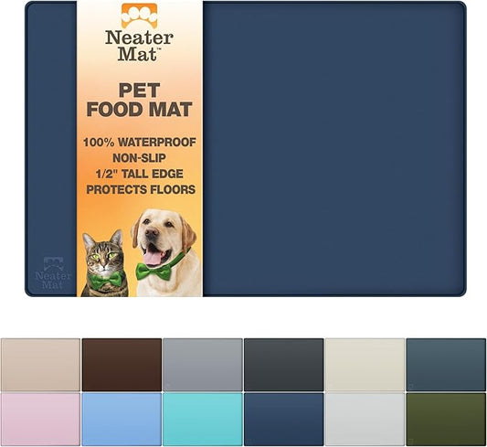 Neater Pet Brands Neater Mat Pet Mats for Food and Water, Cat & Dog Bowl Mat Waterproof Silicone, Feeding Tray, Dog Food Mats for Floors, Placemat w/Raised Edge for Under Bowls, 19” x 12”, Dark Blue