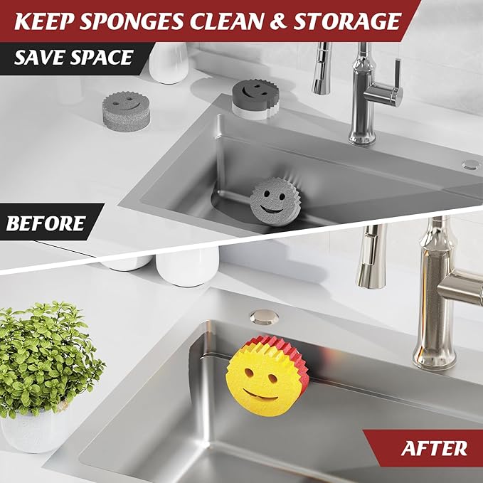 Kontoyo Sponge Holder for Kitchen Sink,Sink Caddy Organizer with Suction Cup Installation for Kitchen/Bathroom, Self Draining,Sponge Caddy for Holding Smiley Sponges-Silver