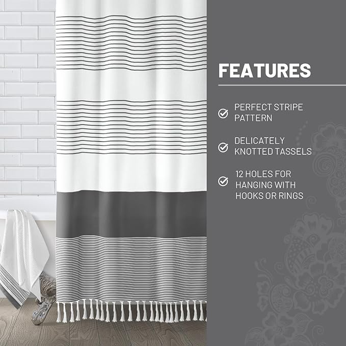 Awellife Gray Shower Curtain for Bathroom Stripe Tassel Shower Curtain 36 X 72 Farmhouse Cotton Boho Dark Grey
