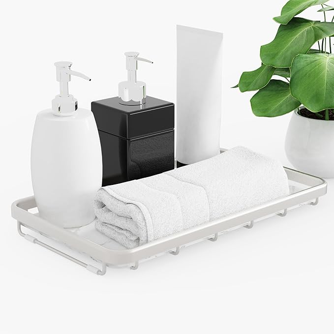 Counter Organizer for Bathroom, Kitchen or Coffee Bar, Metal Shelf with Faux Marble, Vanity Countertop Makeup Storage, Dresser Perfume Display Rack, Toilet Tank Tray (Matte Nickel, 1-Tier)