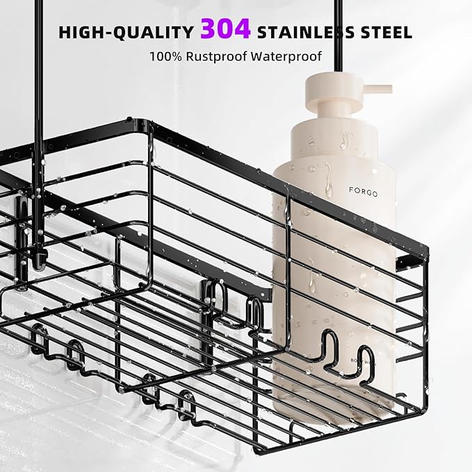 SHANSHUI Shower Hanging Caddy, Bathroom Shower Organizer Basket, Shampoo Bracket Over Door Rack with Hooks, 304 Stainless Steel