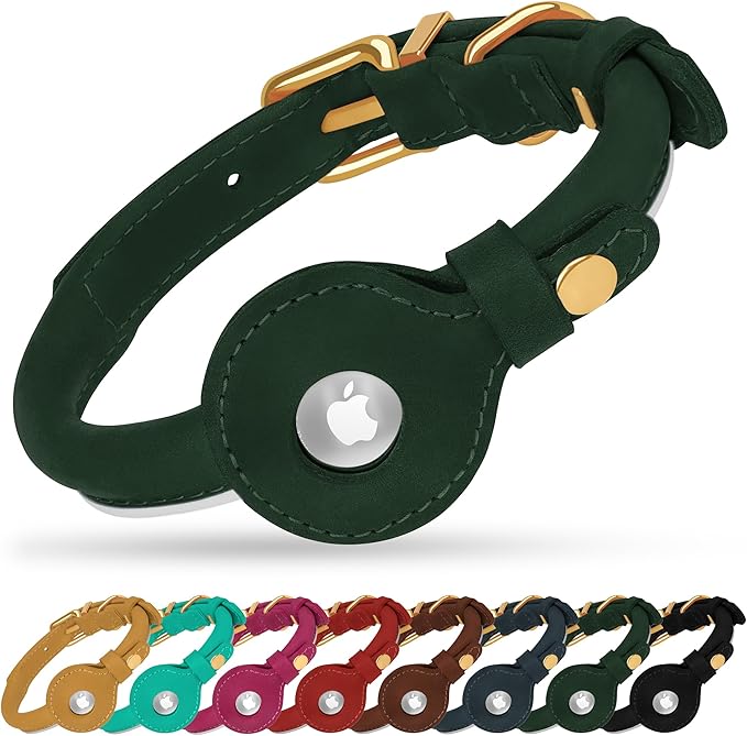 OOPSDOGGY Rolled Leather Dog Collar with Airtag Holder - Reflective Round Airtag Dog Collar - Soft Tracking Pet Collar for Small Dogs Puppy Cats Kitten (Green, XS, 8"-11")