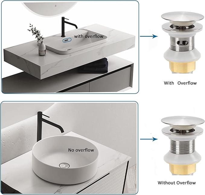 Rockgoya Bathroom Sink Drain,5 Pack Drain Stopper Bathroom Sink with Overflow,Pop Up Drain Assembly with Detachable Strainer Basket,Built-in Anti-Clogging Strainer,Stainless Steel Brushed Nickel