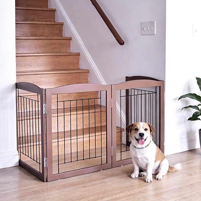 ZJSF Freestanding Foldable Dog Gate for House Extra Wide Wooden Brown Puppy Gate Stairs Dog Gates Doorways Tall Pet Gate 24 "Height 3 Panels Pet Fence