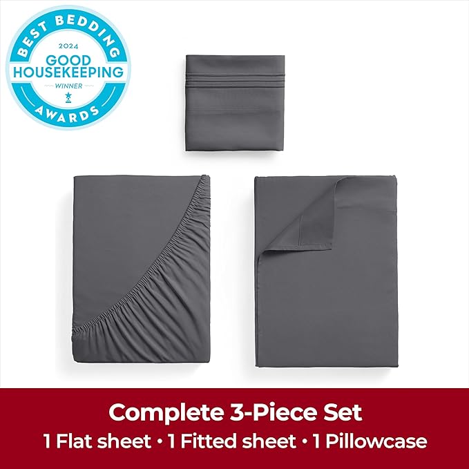 Mellanni Extra Deep Twin XL Sheets - 3 PC Iconic Collection Bedding - Hotel Luxury, Ultra Soft, Cooling Bed Sheets - Wrinkle, Fade, Stain Resistant (Twin Extra Long, Gray)