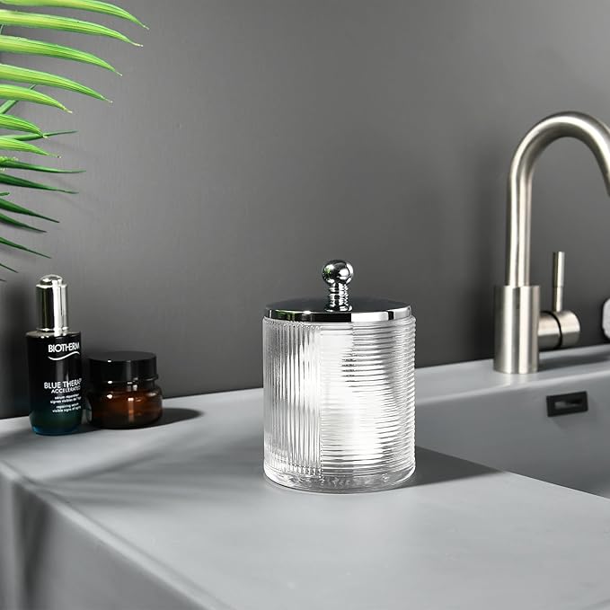 Clear Transparent Apothecary Ribbed Geometric Etched Glass Jar W/Silver/Chrome Metal Lid Cover for Bathroom Organization, Cotton Balls, Q Tips, and Small Accessories, Bathroom Storage
