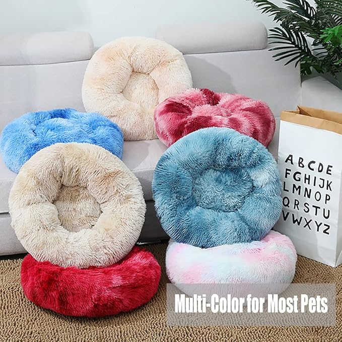 Calming Faux Fur Dog Beds Calming Donut Cuddler Dog Bed Washable Round Cat Bed Pillow Cuddler Fluffy Indoor Dog Calming Beds with Anti Slip Bottom Solid Color Purple 47 Inch
