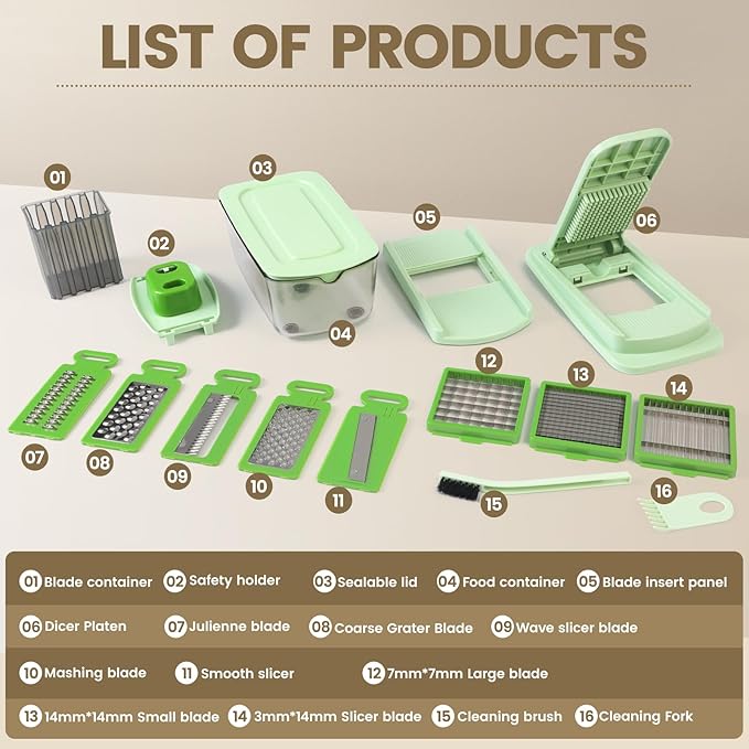 Vegetable Chopper 16-in-1 Multifunctional Kitchen Gadgets - 8 Blades Onion Chopper with Container, Food Spiralizer Slicer Dicer Grater Shredder, Vegetable Cutter for Salad/Coleslaw/Meat/Nuts